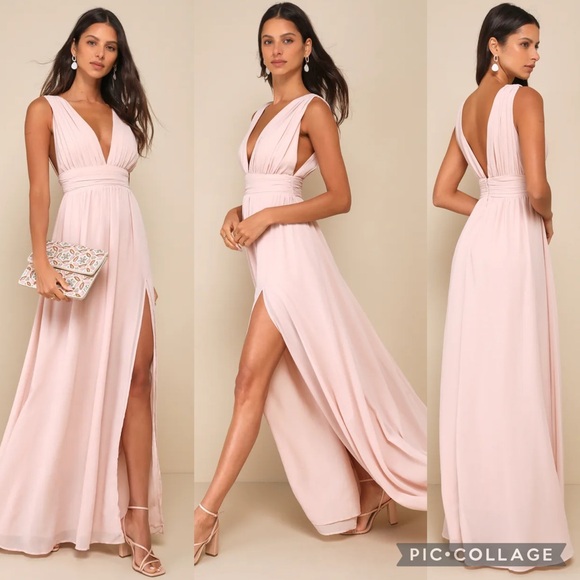 Lulu’s Blush Chiffon Pleated Bust Side Slit  Maxi Dress - Picture 2 of 11